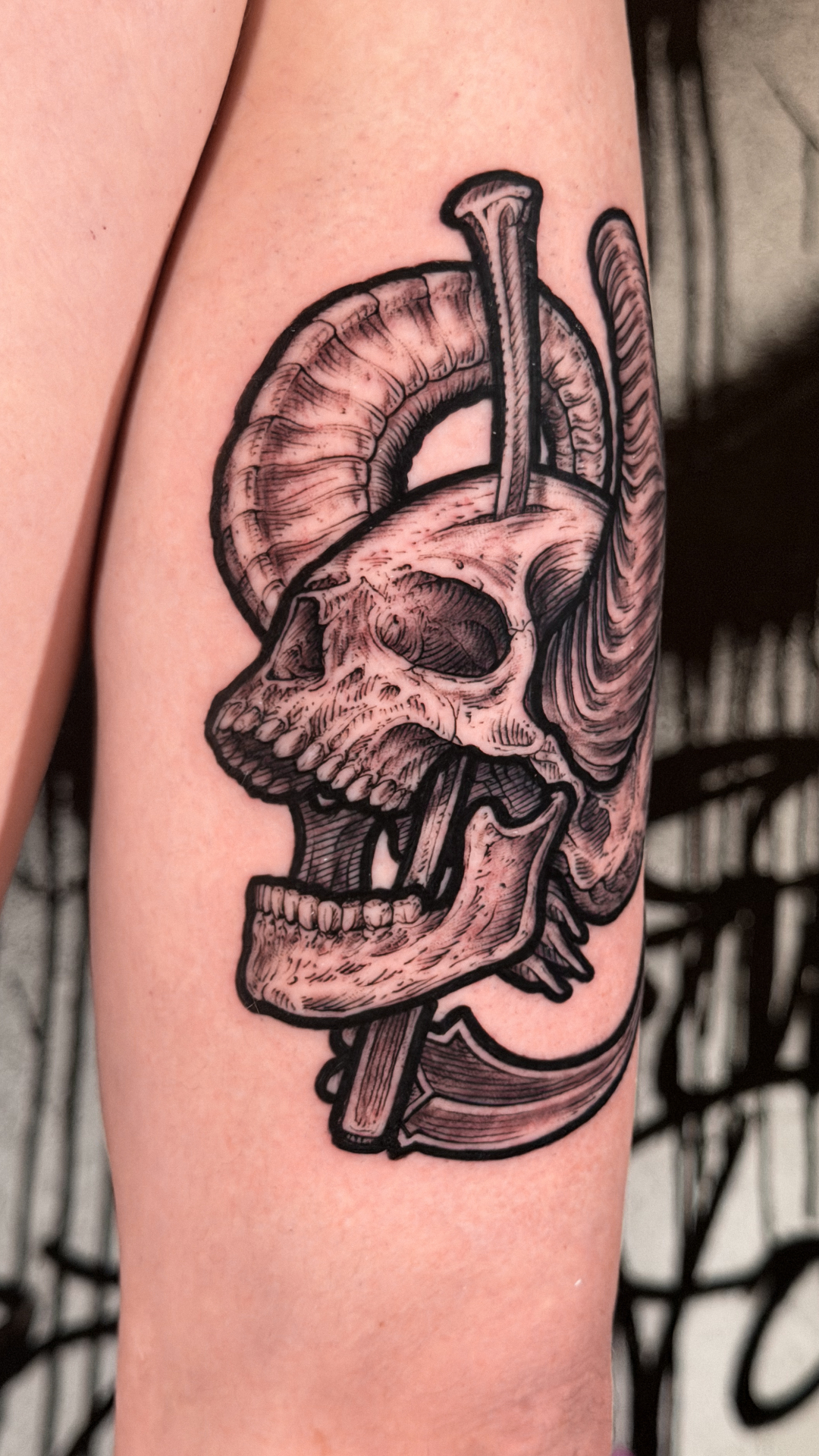 Engraving-style horned skull tattoo on the calf